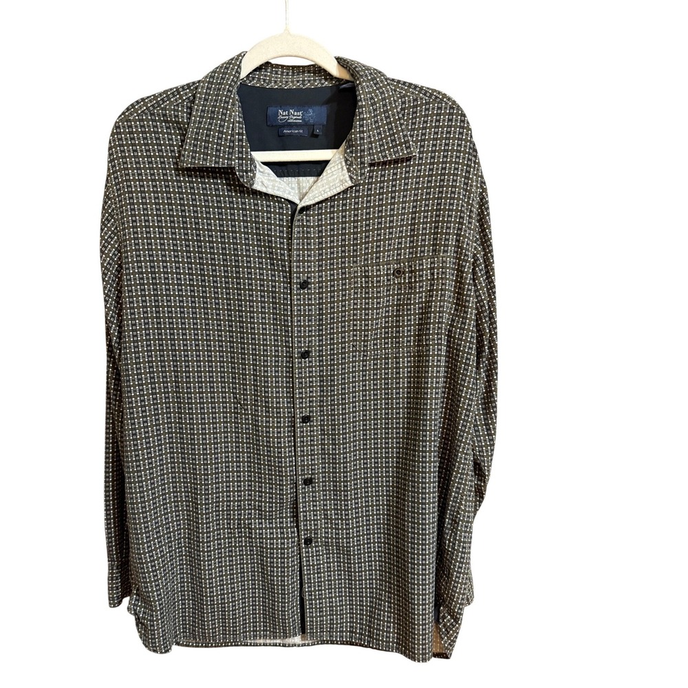 Silk Mens Shirt Button Down Geometric‎ Pattern Long Sleeve Size L